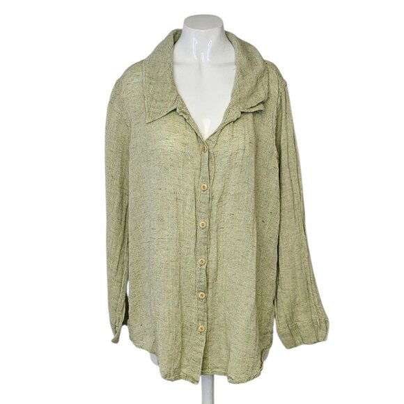 FLAX Womens Button Up Long Sleeve Shirt, Linen Cotton Blend, V-Neck, Collared, M - Picture 1 of 8